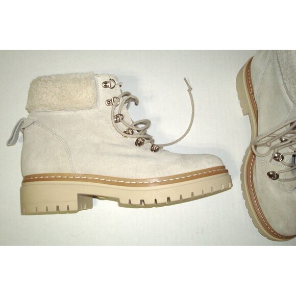 New Womens Cream Off White Lace Up Shearling Suede Hiking...
